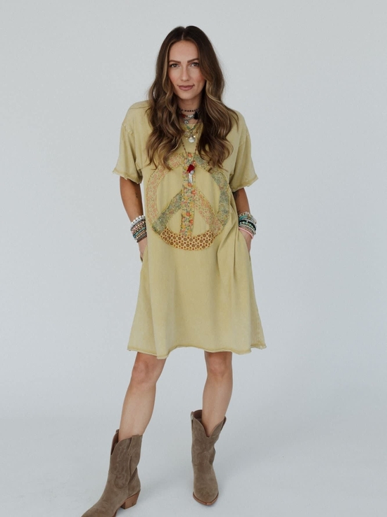 Three Bird Nest Dresses & Skirts - Yellow Patchwork Peace Sign Tunic Dress With Pockets Three Bird Nest